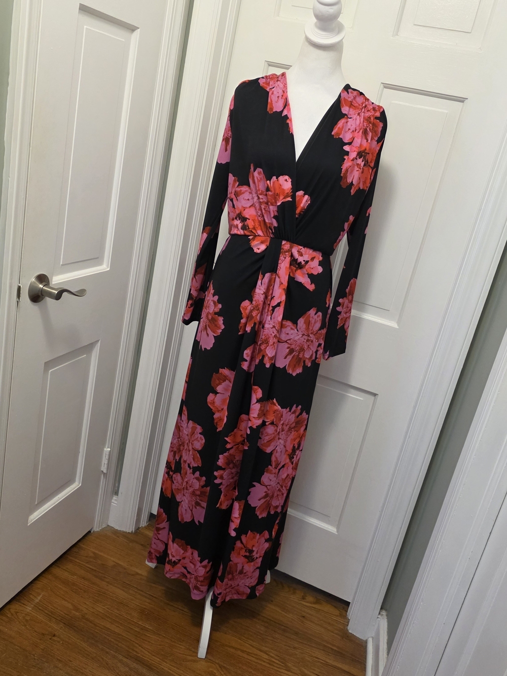 Boston Proper Black Maxi Dress with Pink Floral Print